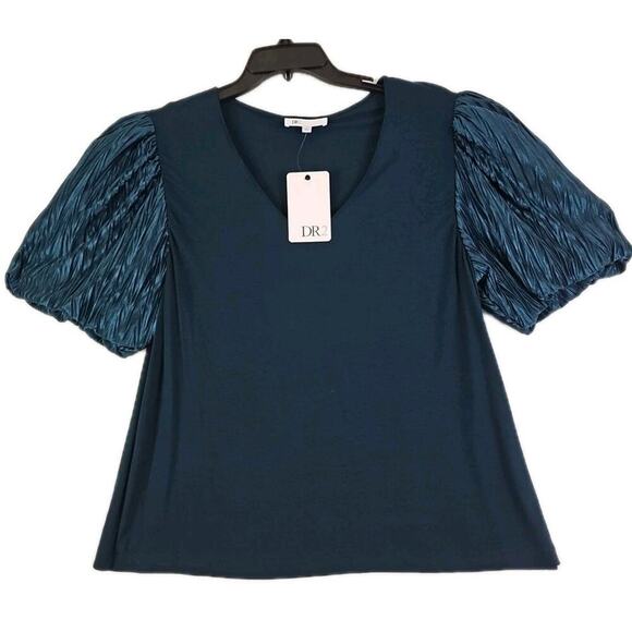 DR2~Woman Sz XL~ Dark Green Pleated Puff Satin Sleeve V-Neck Knit Top Blouse NWT - Picture 5 of 12